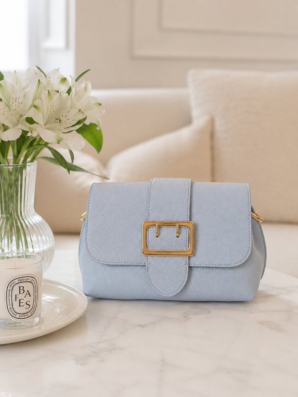 Baby Blue Italian Leather Crossbody Shoulder Bag, Gold Buckle Handbag
